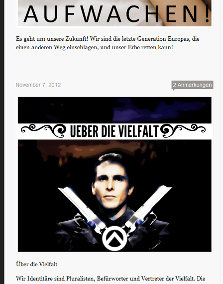 Screenshot: ein Mann mit gekreuzten Pistolen, dazu das Logo der Identitären und die Worte "UEBER DIE VIELFALT".